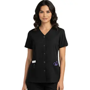 HEEDFIT Women’s Snap Front Scrub Top, 3 Pockets V-Neck Medical Uniform Shirt, Short Sleeve