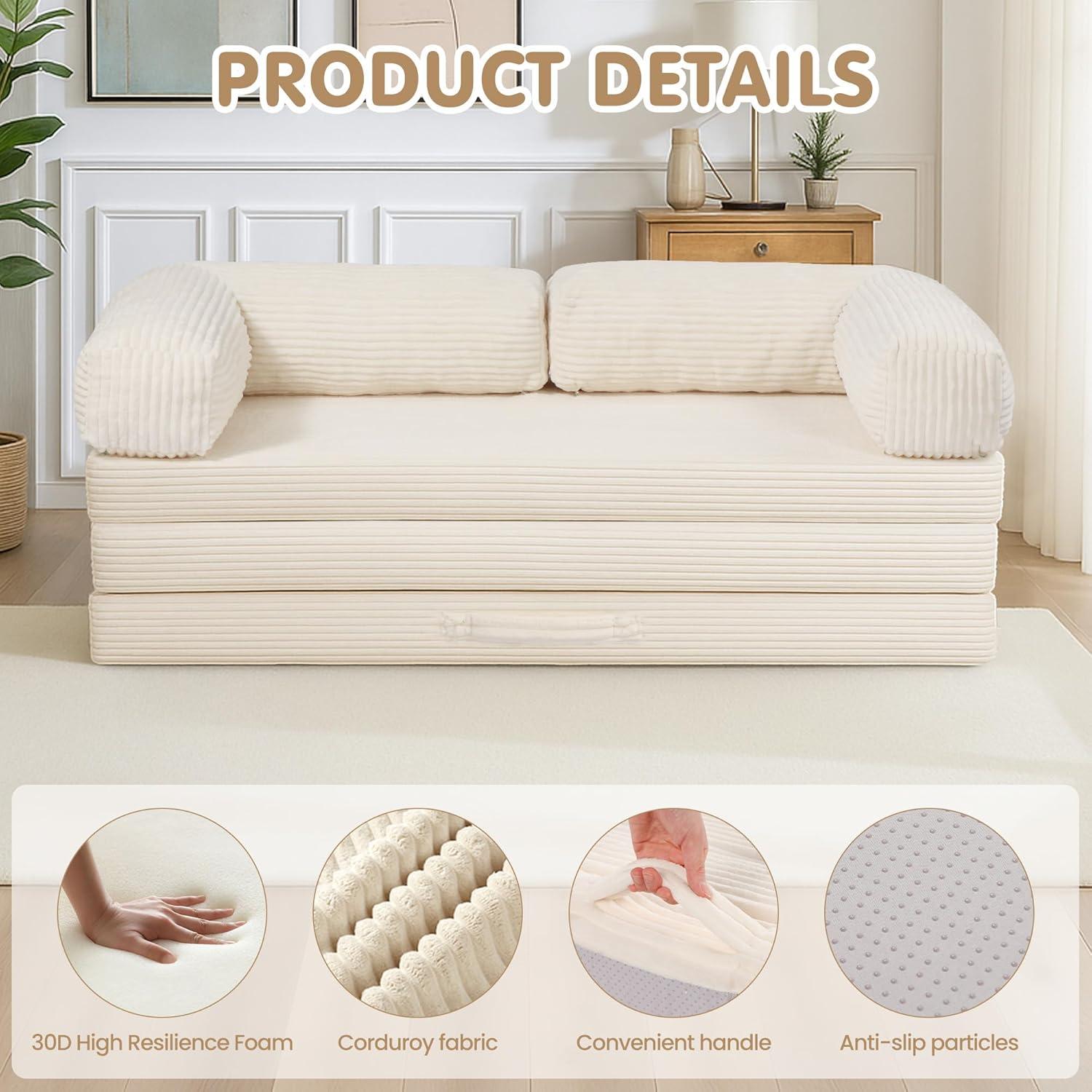 Winzoo 5-in-1 Convertible Sofa Bed,Boneless Couch Tri Folding Floor Mattress with Removable L-Shaped Armrests & Handle,Corduroy Futon Couch Sleeper with Pull Out Bed for Living Room Bedroom Apartment