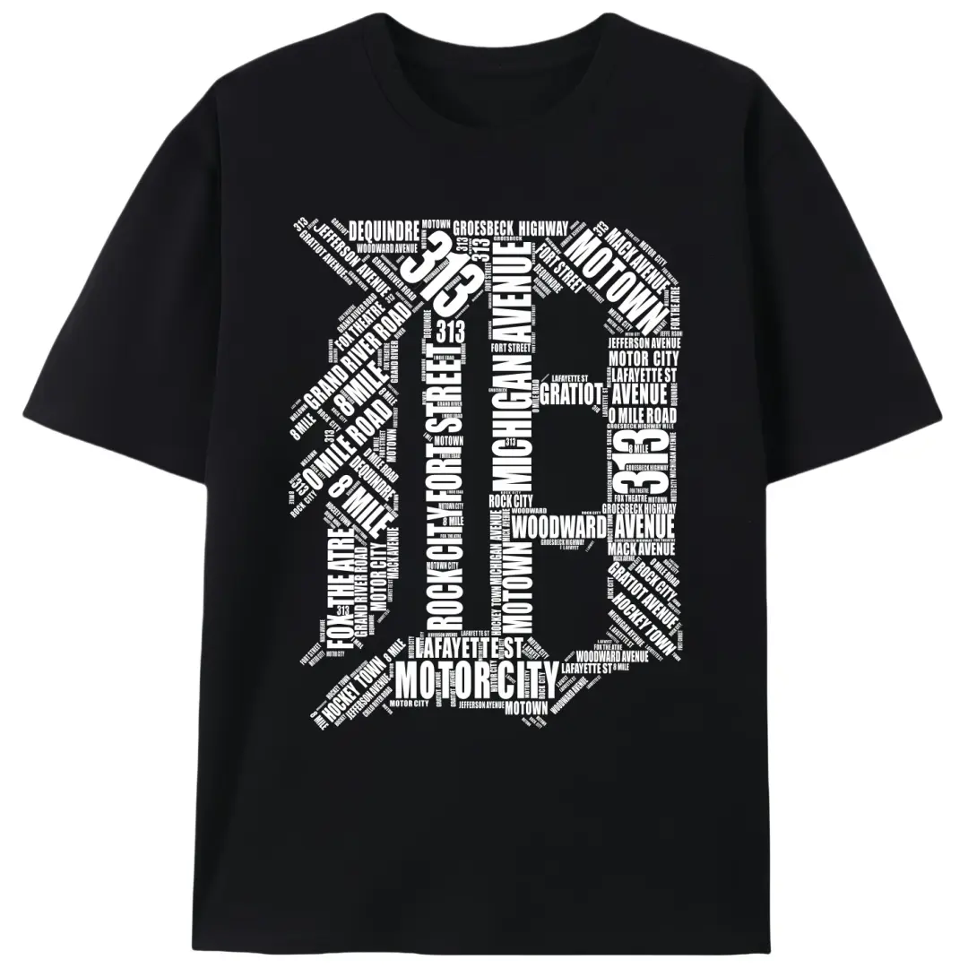 Men's Fitted Round Neck Short-Sleeve Detroit Graphic Tee - Breathable Cotton, Soft Athletic 4XL Casual Fit Top, Sporty Chic Back to School Haul Gift for Birthday, Christmas