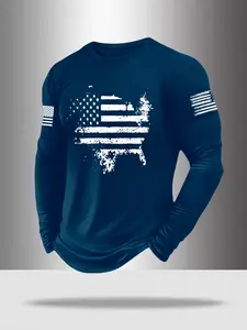 Men's Long Sleeve Round Neck T-Shirt, Polyester Fabric, Slight Stretch, Casual Style, Regular Fit, Athletic Sports Clothing, Spring & Fall Outdoor Sports Wear