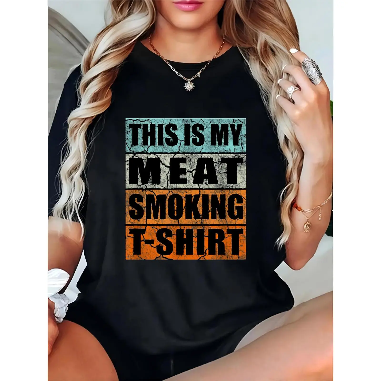 Women's 100% Cotton Graphic T-Shirt - Vintage Cracked Print, Short-Sleeve Round Neck, Lightweight Breathable Relaxed Fit Top for BBQ Parties