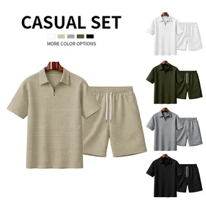 Men's Zippered Short-Sleeved Polo Shirt And Shorts Set, A Two-Piece Casual And Sporty Outfit For Summer. Made With Solid-Colored Textured Fabric, It's Breathable And Comfortable, Featuring A Classic Zippered Collar Design. Stylish And Practical, Suitable
