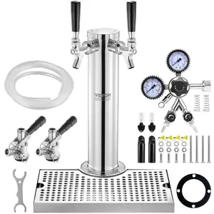 VEVOR Kegerator Tower Kit, Dual Taps Beer Conversion Kit, Stainless Steel Keg Beer Tower Dispenser with Dual Gauge CGA320 Regulator D-System Keg Coupler, Beer Drip Tray for Party Home