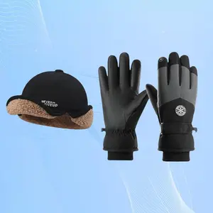 3-Piece Set Velvet Thick Warm Baseball Cap with Ear Flaps, Winter Windproof Waterproof Anti-Slip Cycling Gloves, Touchscreen Compatible