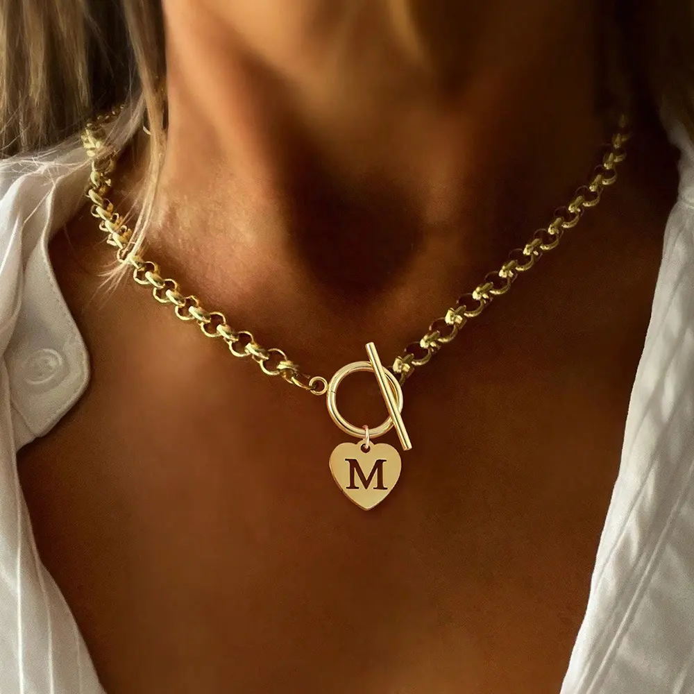 Stainless Steel Initial Letter Choker Necklace for Women, Heart-Shaped Pendant, Heart-Shaped Clasp, Fashionable Versatile Costume Jewelry, Initial Letter Necklace, Necklaces For Women