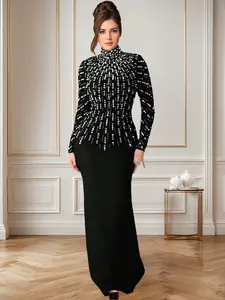 High Round Neck Long Sleeve Slim-Fitted Dress with Sparkling Rhinestones, Elegant Formal Wear for Dinner Prom Birthday Wedding
