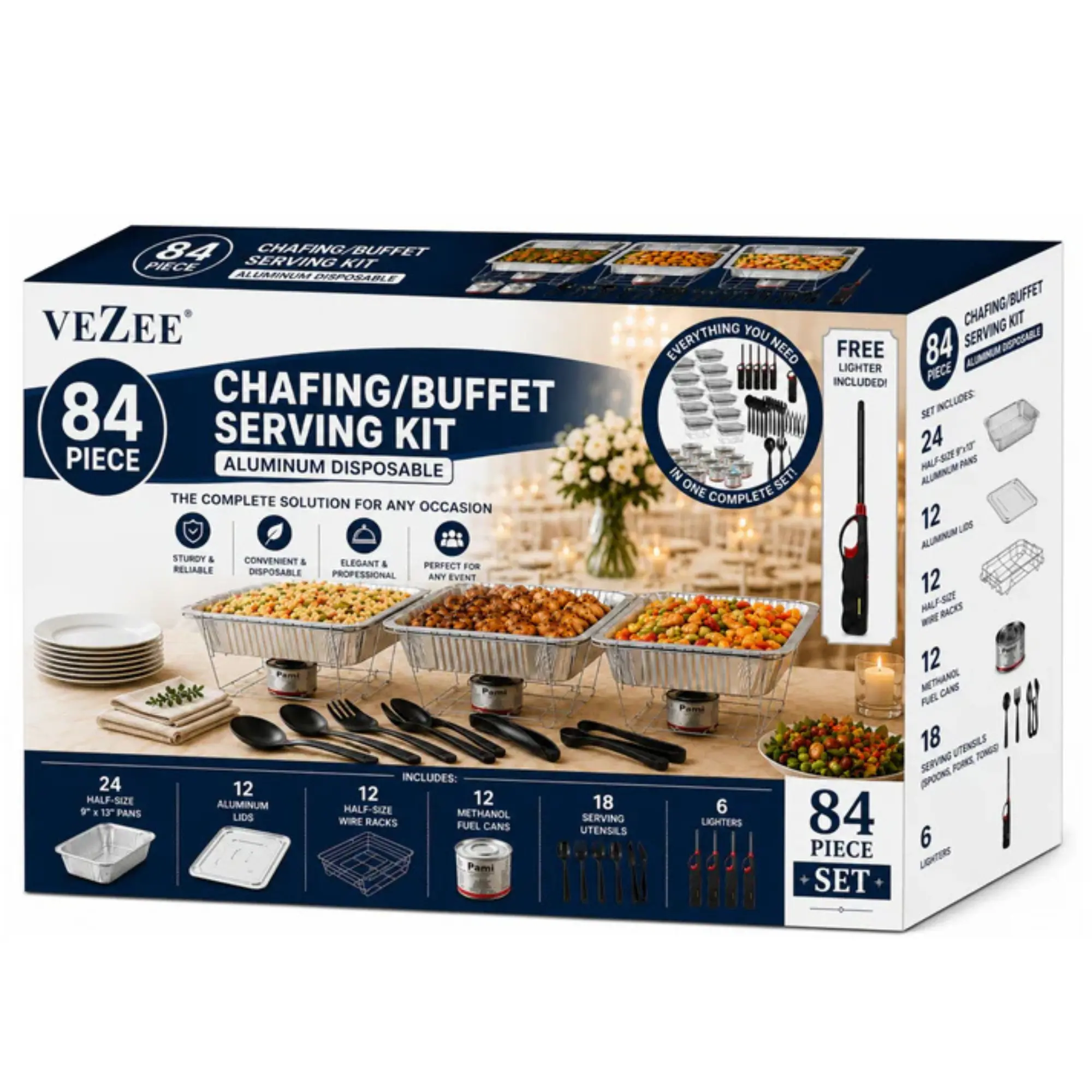 VeZee 84-Piece Disposable Chafing Dish Buffet Serving Kit with Aluminum Trays, Wire Racks, Fuel Cans, Serving Utensils & Lighters | Complete Catering Food Warmer Set for Parties & Events