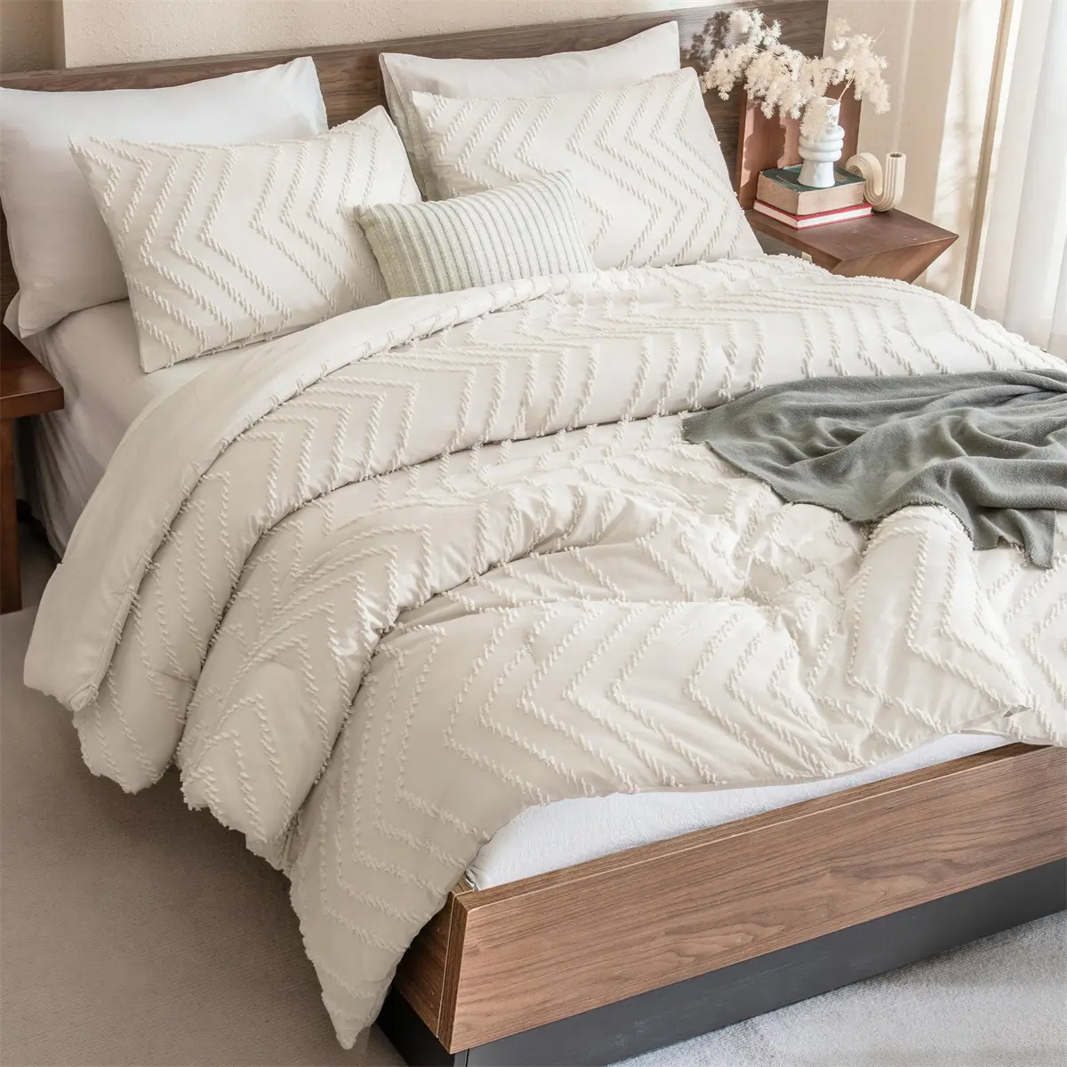 XL-Beige Comforter Set for Queen Bed - Soft Warm Boho Cream Tufted 3 Piece Aesthetic Chevron Farmhouse Cute Bohemian Textured Bed Set