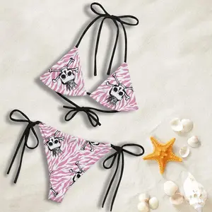 Women 2PC Pink Zebra Skull Crossbones Bikini Set Triangle Halter Tie Side String Swimsuit Punk Rock Beach Pool Party Summer Sunbathing Halloween Festival Comfy Loose Swimwear Cute