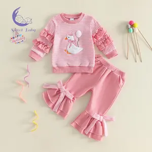 Toddler Baby Girls Birthday Outfit Fashionable Goose Embroidery Long Sleeve Pullover with Bell Bottom 2Pcs Set