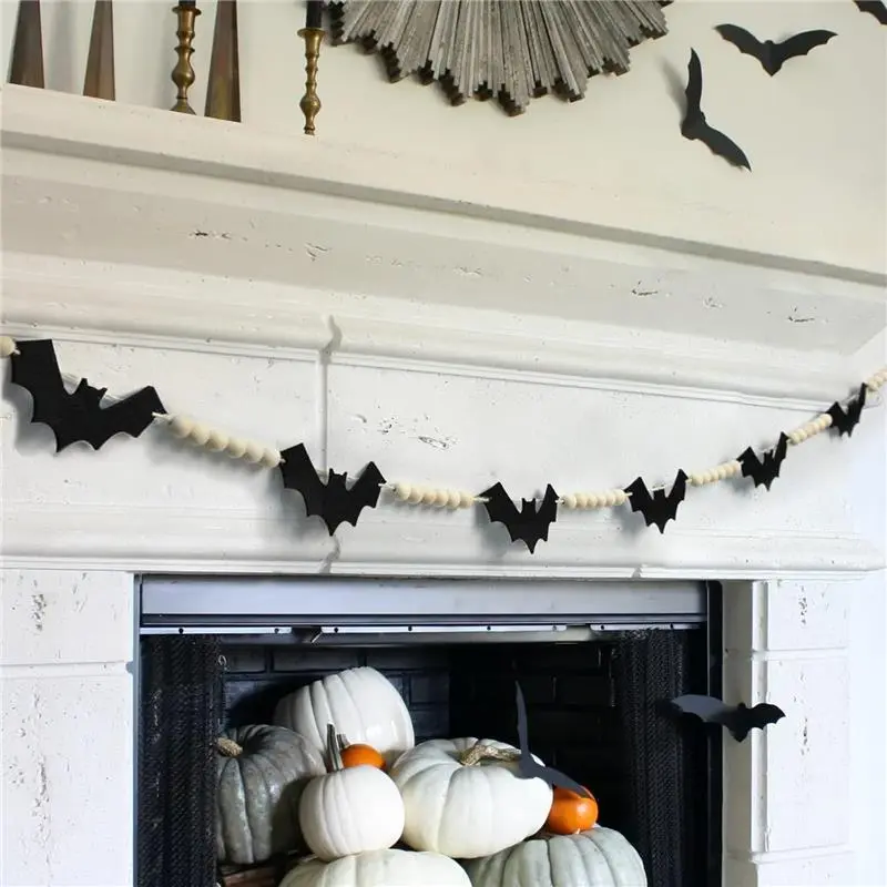 Halloween Decorations Indoor/Outdoor, Wood Felt Bats Bead Garland Banner for Halloween Decor, Farmhouse Bats Garland Decorations for Fireplace Mantle Walls