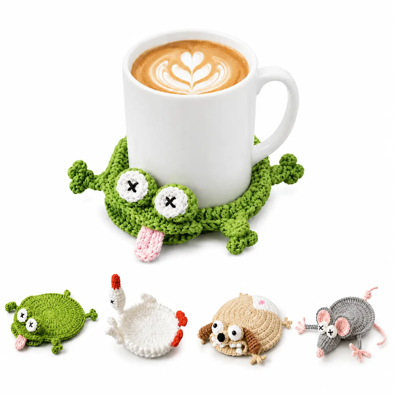 Funny Crochet Coaster - Handmade 3D Knitted Coaster, Cute Frog,Goose,Pug ,Mouse, Drink Mat for Coffee Table Desk Decor, Unique Aesthetic Gift for Animal Lovers