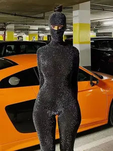 Women's Glitter Backless Bodycon Jumpsuit with Face Cover, Fashion Solid Stand Collar Long Sleeve Skinny Jumpsuit for Fall & Winter,  for Vacation Holiday Party
