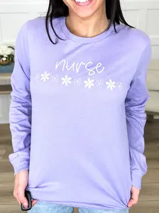 Women's Purple Graphic T-Shirt, Casual Long Sleeve Top with Daisy Print, Soft and Stretchy Cotton Fabric for Everyday Nurse Wear