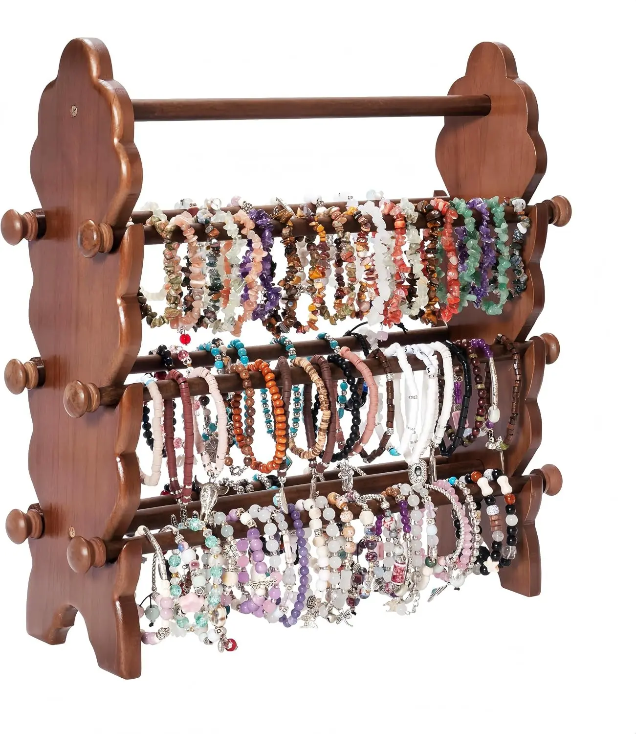 Two-Sided Wooden Jewelry Bracelet Holder Display Stand with 6 Removable Holders - 3 Tier Bar Bangle Organizer Perfect for Organizing and Showcasing Bracelets, Watches, and Accessories