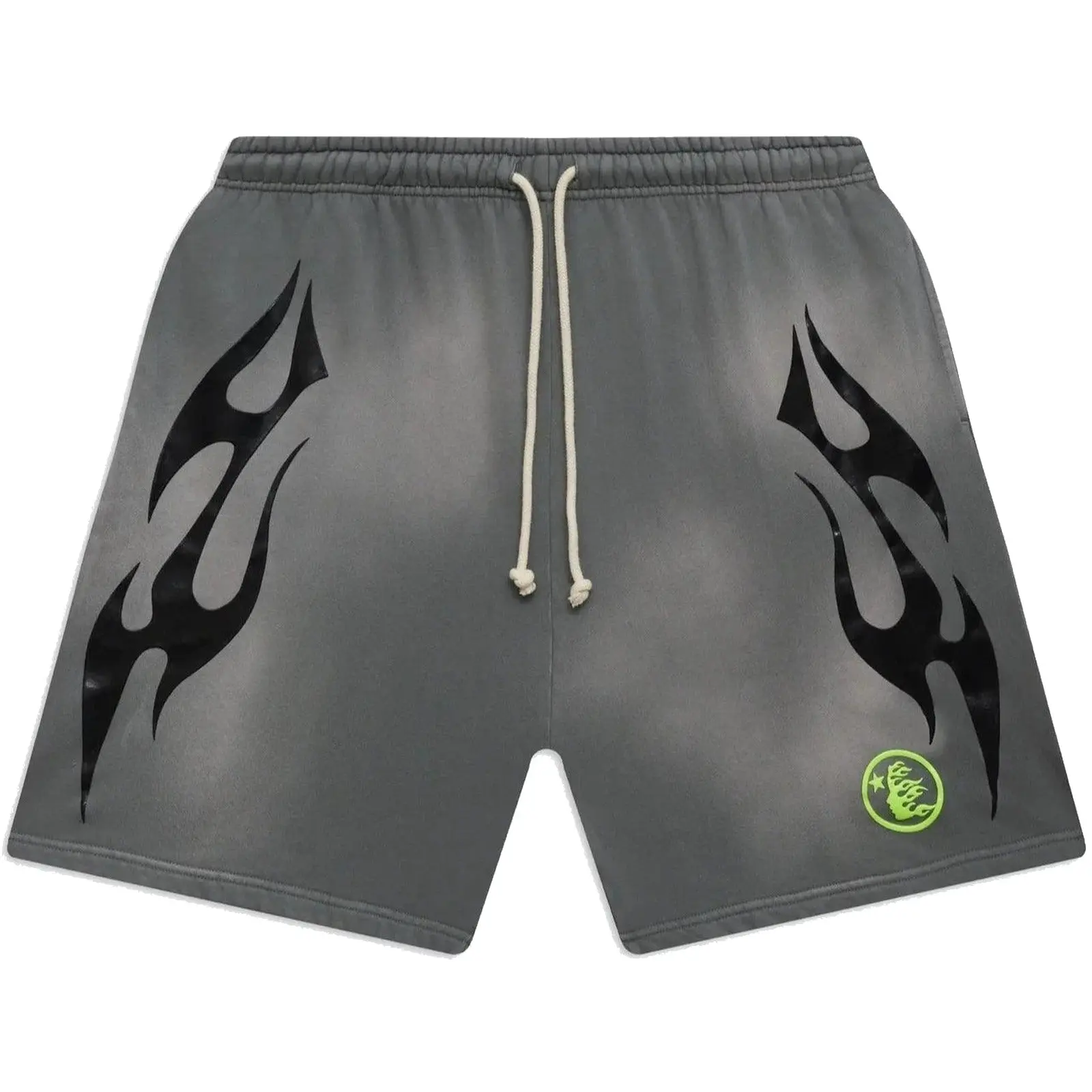 Hellstar Studios Flame Shorts Grey & Green, Authentic, Elastic Waist, Drawstring, Streetwear Shorts, Casual Everyday Bottoms