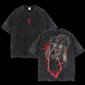 Guts Berserk Graphic Tee – Retro Vintage Limited Black Swordsman Anime Shirt, Double-Printed Oversized Acid-Washed Lightweight Cotton Top, Trendy Unisex Streetwear Menswear for Casual, Party, Convention, and Anime Fans