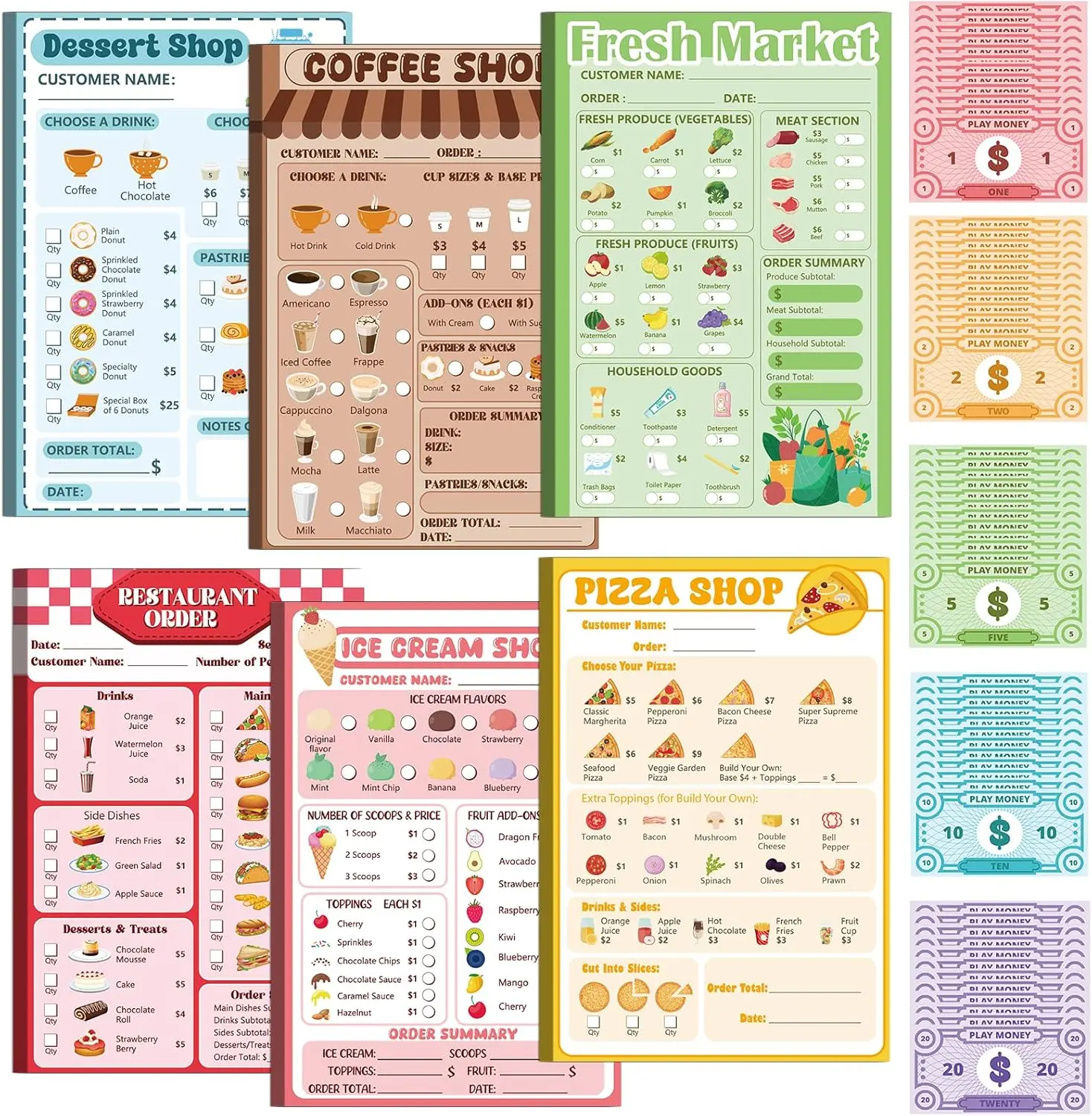 6 Pack Kids Pretend Play Notepad Play Money Set 4x6 In Pretend Notebook Playtime Pad 40 Pages of Coffee Dessert Pizza Ice Cream Shop Restaurant Market for Imaginative Role-Playing Activity Accessories