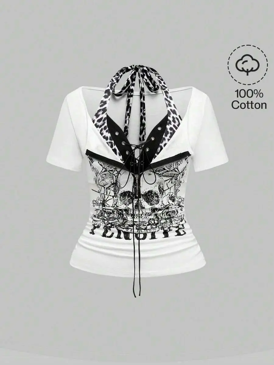 Spring/Summer Casual Graphic White Kpop Cross Pendant Punk Skull Print 2 In 1 Leopard Pattern Bodycon T-Shirt For Women, Concert Festival Halter Top