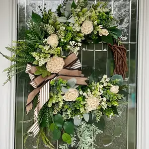 Realistic Rose Eucalyptus Wreath with Striped Hemp Bow, Rustic Farmhouse Front Door Decor, Spring Greenery Home Decoration