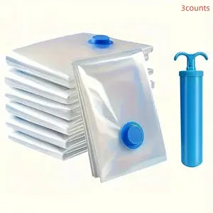 3-Piece Vacuum Storage Bags Set with Manual Pump, Portable Plastic Travel Organizer for Blankets Bedding Clothes Duvet Ideal Home Dorm Moving Essentials