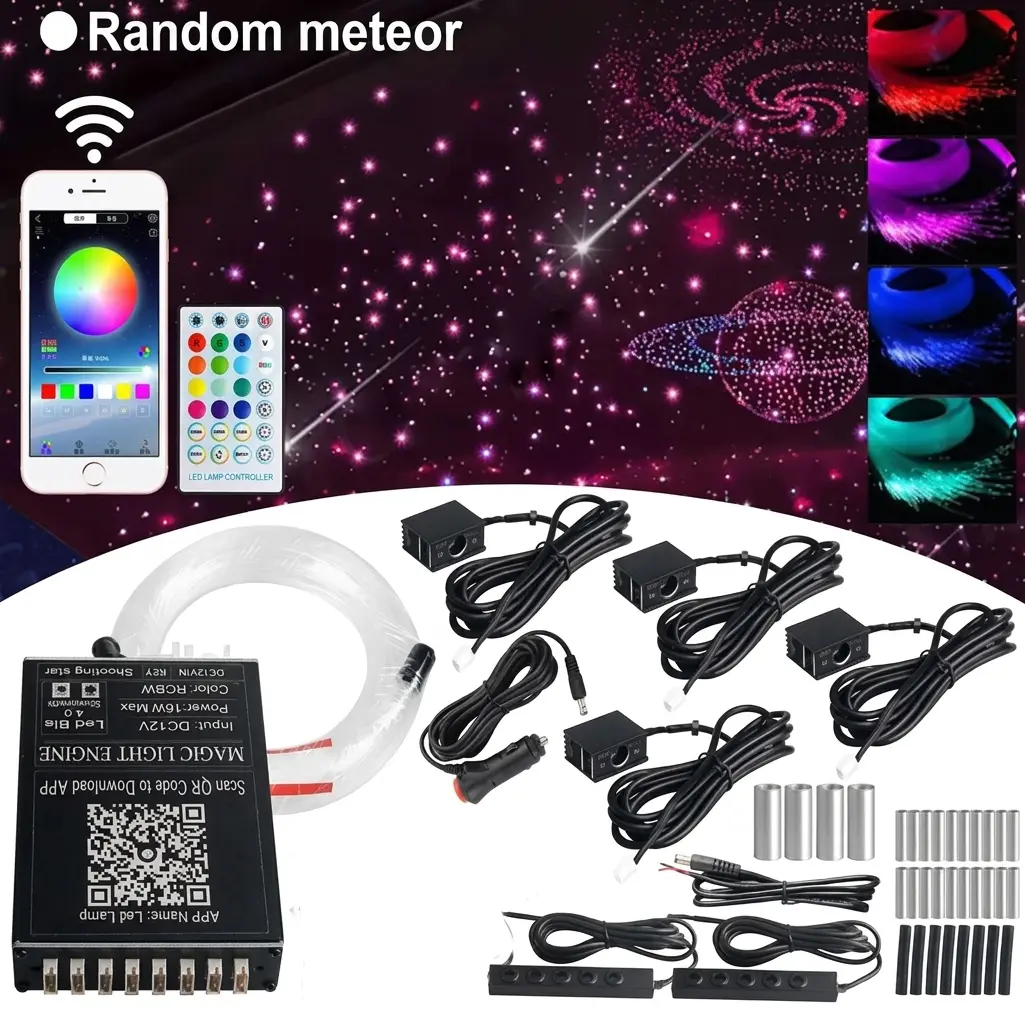 RGBW Starlight Headliner Kit (1400PCS), 16W Fiber Optic Ceiling Light with Irregular Meteor Shooting Effect, 28-Key RF Remote, Music Mode, 1.5M Cable, DC12V for Car Roof Home Theater Decoration Bluetooth Controlled
