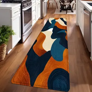 1PC，Blue, Orange, and Off - White Abstract CurvesPatterned strip rugs, used for everyday or festive decorations, entryway mats, RV mats, bathroom non-slip mats, bedroom bedside mats, and kitchen mats.
