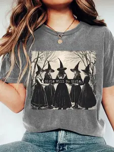 Women's Halloween Witch Hat & Moon Print Round Neck Tee, Casual Half Sleeve Crew Neck T-shirt for Summer, Fashion Women's Top for Daily Wear