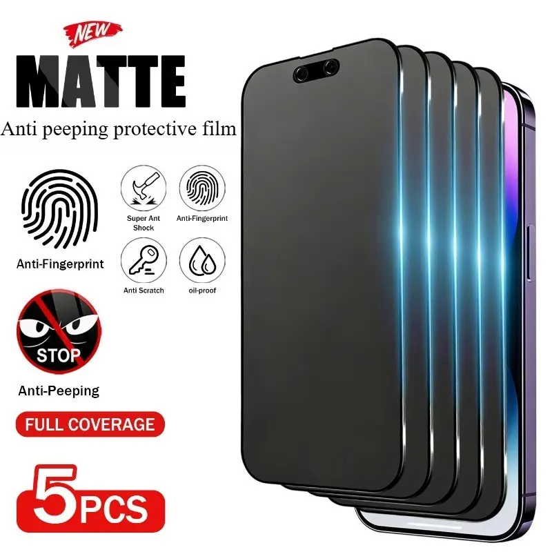 5pcs Matte Privacy Screen Protector for iPhone 17 Air/17 Pro Max/17 Pro/17/16/15/14/13/12/11/Plus/Mini/X/XS/XR,Full Coverage, Anti-Spy, Shockproof, Fingerprint-Resistant Design, Matte Texture, Anti-Glare, Easy to Install