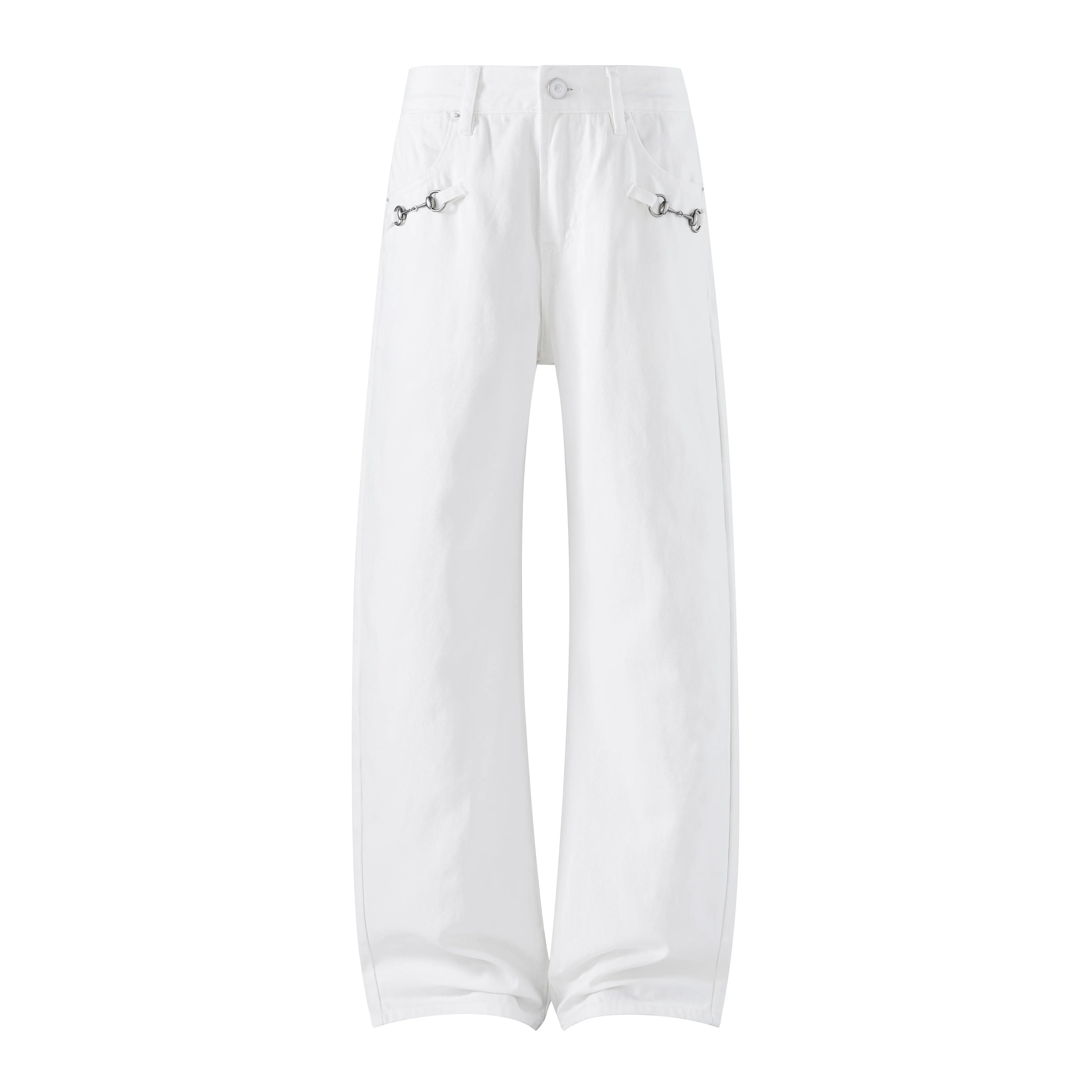 Off White / Faded Black / Classic Light Wash Removable Silver Horsebit Metal Chain Dual Front Pocket Decor High Waist Single Button Baggy Wide Leg Floor Length Denim Pants Unisex Soft Denim