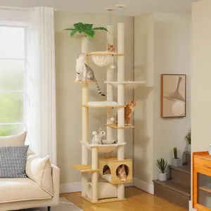 Height Adjustable Wooden Cat Tree with Large Hammock, Sisal Scratching Posts, Floor to Ceiling Cat Tower, Cozy Cat Condo for Indoor Cats