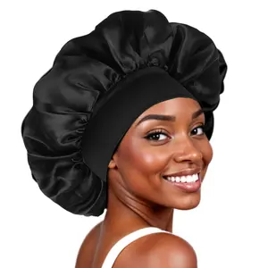 Satin Bonnet for Sleeping, 1 count Double Layer Reversible Sleep Cap Black Satin Hair Bonnet for Sleeping Wide Soft Elastic Band Bonnet for Women  and Curly Hair Braids