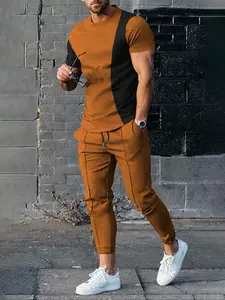 Men's Colorblock Patchwork T-Shirt & Drawstring Waist Pants Set, Comfortable Sportswear, Casual Fashion, Athleisure Wear, Workout Set, Ideal for Sports and Leisure