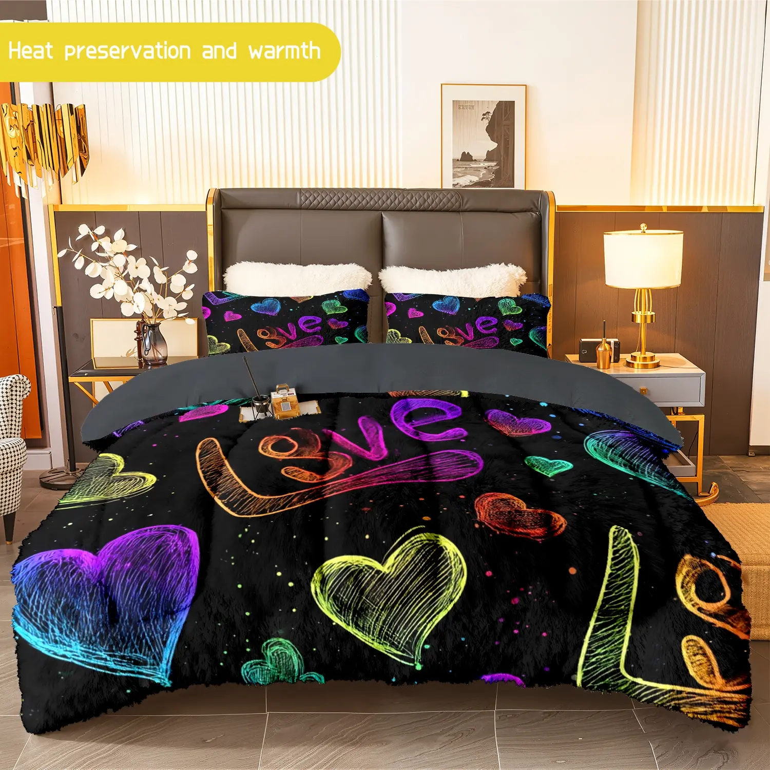 3pcs (1 comforter + 2 pillowcases) Love - themed Flannel & Milk Velvet Comforter Set, Soft Warm Bedding Set for Adults, Cozy Plush Quilt Set, Trendy Bedding Essentials