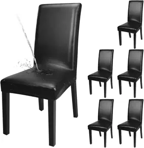 Dining Chair Covers, Solid Pu Leather  and Oilproof Stretch Dining Chair Protector Cover Slipcover (Black, 6 Pack)