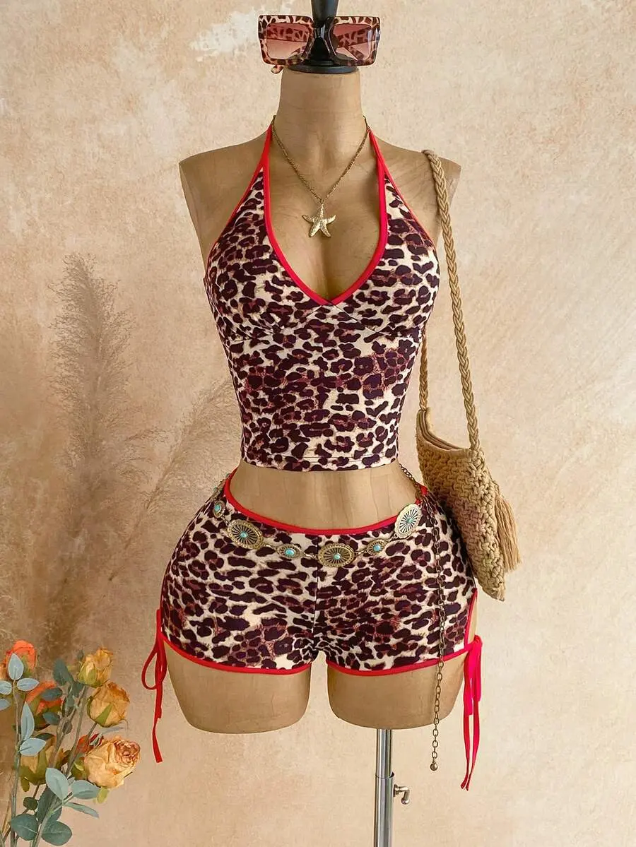 Women's Beige Leopard Print Summer Casual Tropical  2-Piece Set: Contrast Knit Crop Top And Low-Rise Bodycon Shorts,No Chest Padding