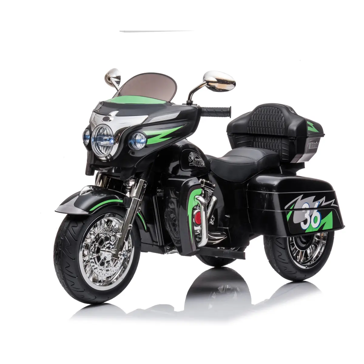 Black 12V Kids Electric Trike Motorcycle - 2-Seater Plastic 3-Wheel Structure Ride On, 29.80 lbs, Realistic Key Ignition, Glowing Headlight, Music, USB, Large Storage Box for Outdoor Riding, Ages 3-8, Birthday Gift (TikTok Shop Back to School), Headlight