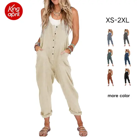 Kingapril Women's V-Neck Sleeveless Cotton Linen Jumpsuit - Fitted Solid Pocket-Ready Button Wide Leg Lightweight Maternity-Friendly Casual Street Overalls, Pregnancy Clothes