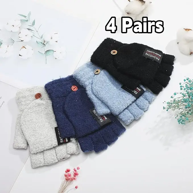 4 Pairs Fingerless Gloves for Women Men, Winter Convertible Fingerless Wool Mittens Warm Flip Fingerless Gloves for Cold Weather for Indoor And Outdoor Activities beach essentials
