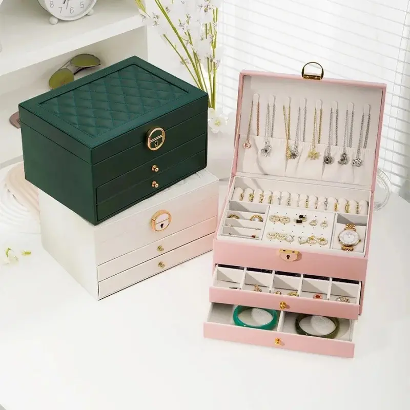 1 diamond-shaped round lock 1/3-layer leather jewelry storage box with lock