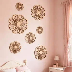 7pcs Set of Wooden Daisy 3D Wall Decorations, Hollow Flower Wall Ornaments, Nordic Rustic Style Living Room Bedroom Girly Room Wall Decoration Hanging Pieces, Home Soft Decoration