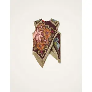 Ethnic vintage floral print women’s clothing: elegant round-neck tassel cross-split irregular top; summer sleeveless zip-front blouse/shirt; irregular tassel crossover vintage top; women’s unique design featuring tassels