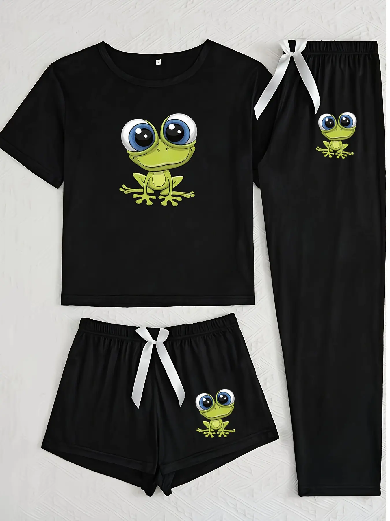 Three-Piece Pajama Set for Women, Cartoon Frog Print, Printed Pajama Set, Casual Fitted Sleepwear, Loungewear, All Seasons Comfortable Nightgown, Pajamas Set