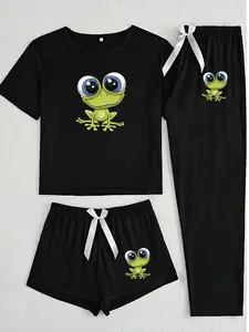 Three-Piece Pajama Set for Women, Cartoon Frog Print, Printed Pajama Set, Casual Fitted Sleepwear, Loungewear, All Seasons Comfortable Nightgown, Pajamas Set