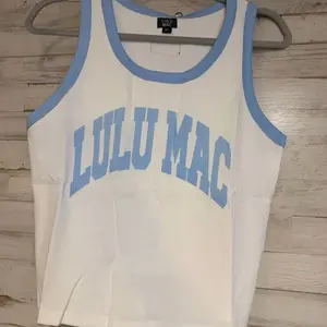 Lulu Mac White Tank Top with Blue Trim and Logo Design for Casual Wear