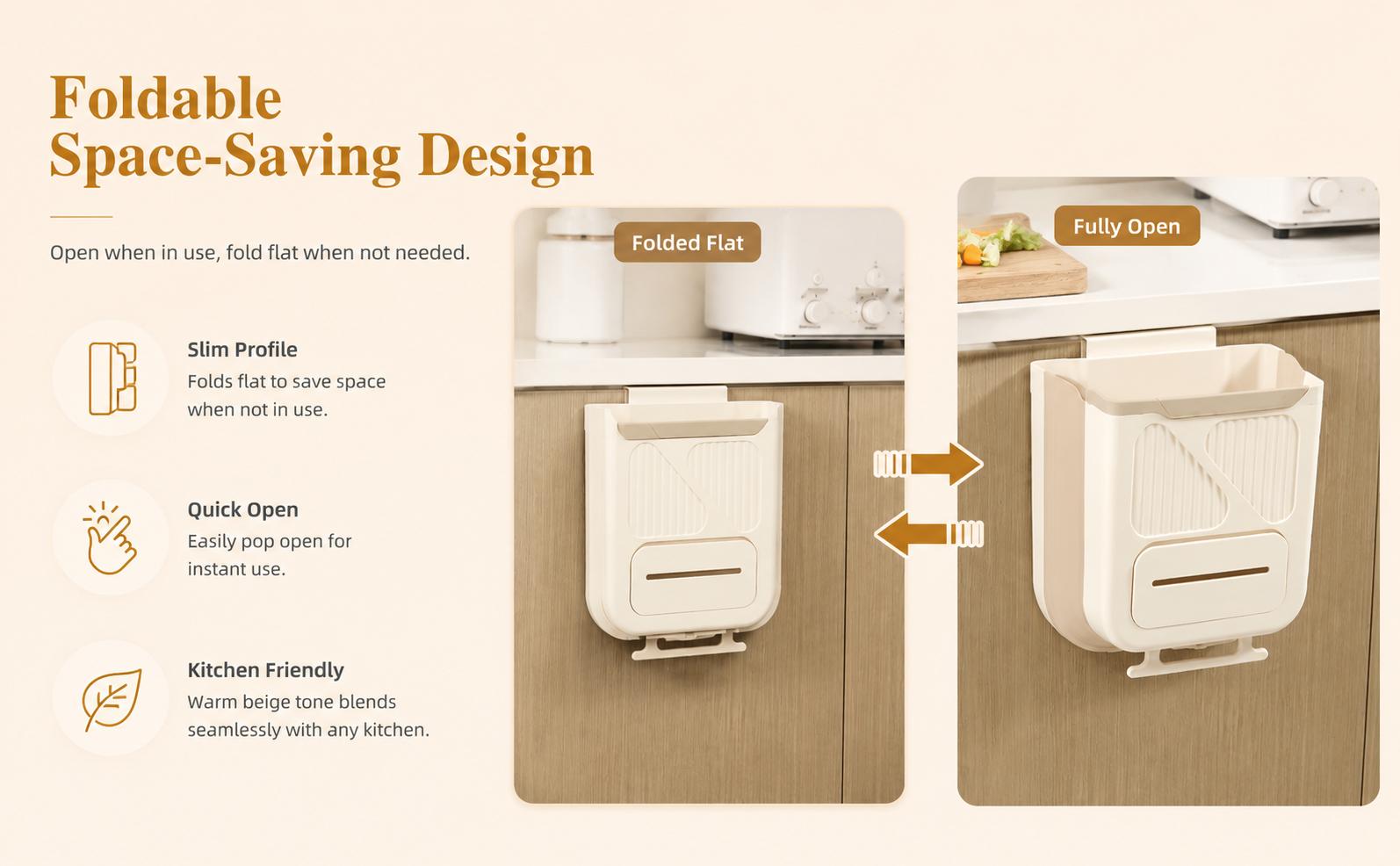 Foldable Wall-Mounted Kitchen Trash Can, Hanging Garbage Bin for Cabinets, Space-Saving Kitchen Accessory, No-Install Household Trash Can for Kitchen Large Capacity Tilt Out