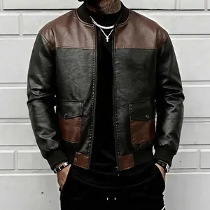 American Retro Aviator Leather Jacket — Thick Padded Motorcycle Jacket for Men, Color-Block Design, Casual Style, Autumn/Winter