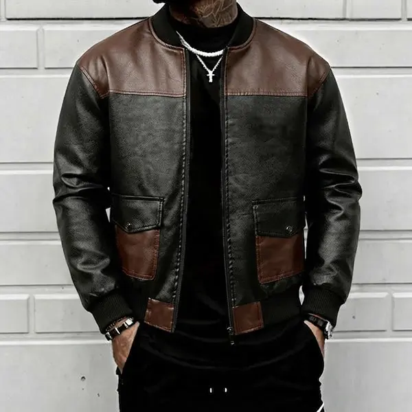American Retro Aviator Leather Jacket — Thick Padded Motorcycle Jacket for Men, Color-Block Design, Casual Style, Autumn/Winter