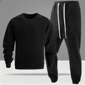 Men's two faced fleece casual set, including a crew neck sweatshirt and drawstring waist pants, featuring a simple and comfortable design. The sweatshirt has a crew neck for easy wear and a snug fit around the neck; the pants have an adjustable elastic wa