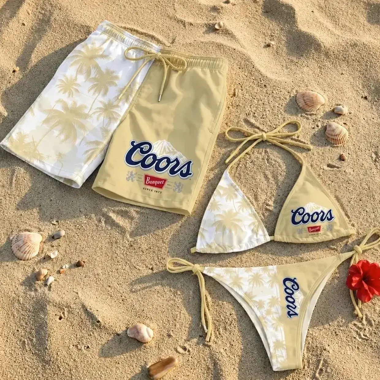 Coors Tropical Swimwear Set, Coors Bikini Set, Bikini & Hawaiian Shorts Matching Outfit, Couples Summer Beachwear, Vacation Swimsuit VPU